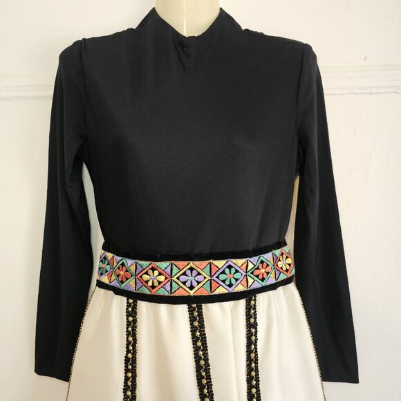 Vintage 1960s Hong Kong Hostess Maxi Gown Dress sz S Embroidered Black Cream - Picture 7 of 12